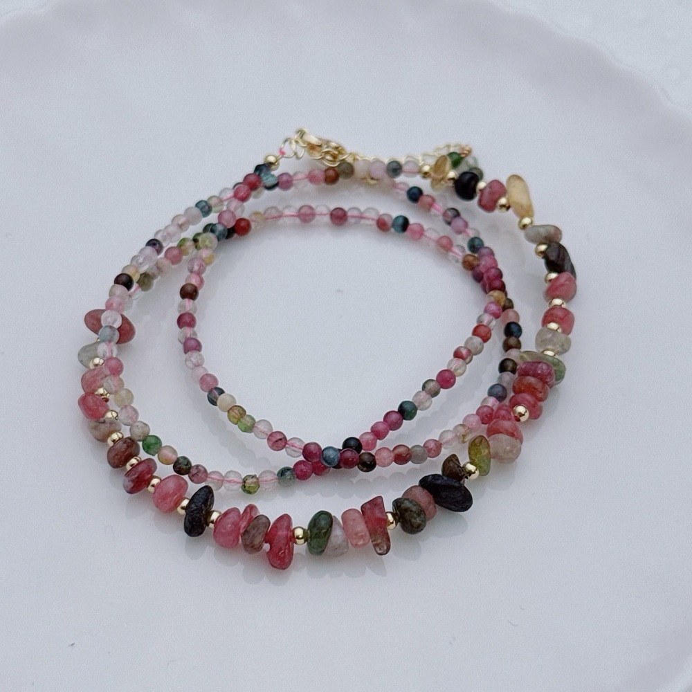 GB68 Handmade Rainbow Tourmaline Triple Layer Bracelet Necklace 2in1